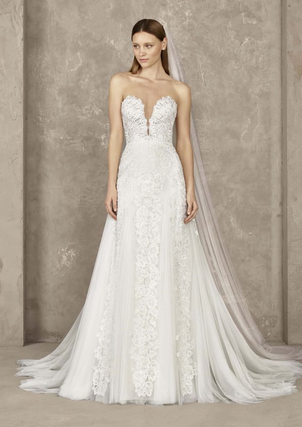 Intricate Lace sheath wedding gown, plunging neckline Modes Bridal NZ