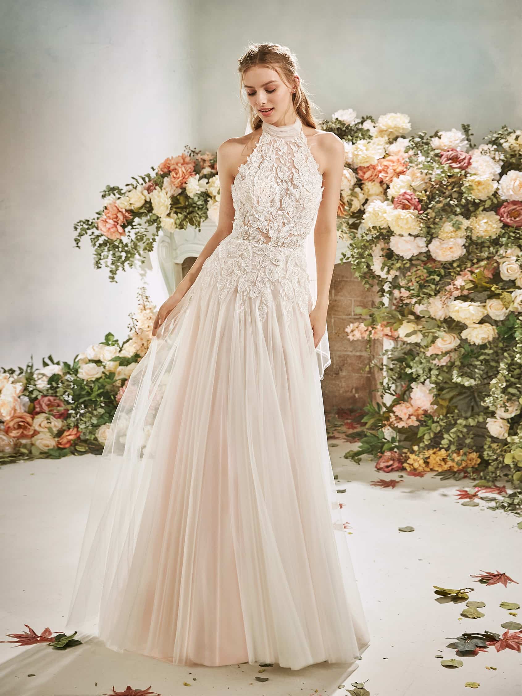 Stunning Sheath Halter Neck Wedding Gown In Frothy Tulle Modes Bridal NZ